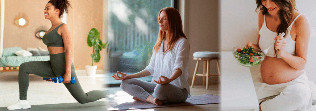 Kvinde træner hjemme, kvinde mediterer og gravid kvinde spiser nærende mad – et visuelt udtryk for Ro & Velværes online univers med træning, mindfulness og sund livsstil.