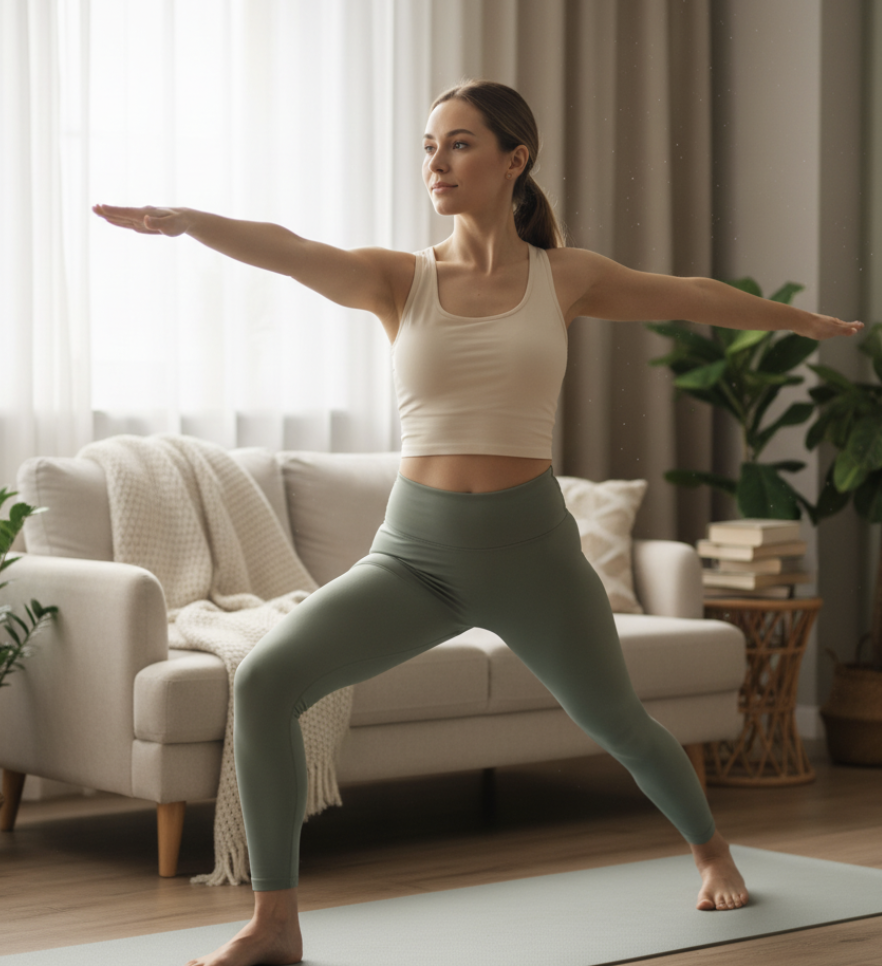 Kvinde i roligt yogastræk i stuen, blid træning og vægttab med fokus på kropsbevidsthed og velvære.