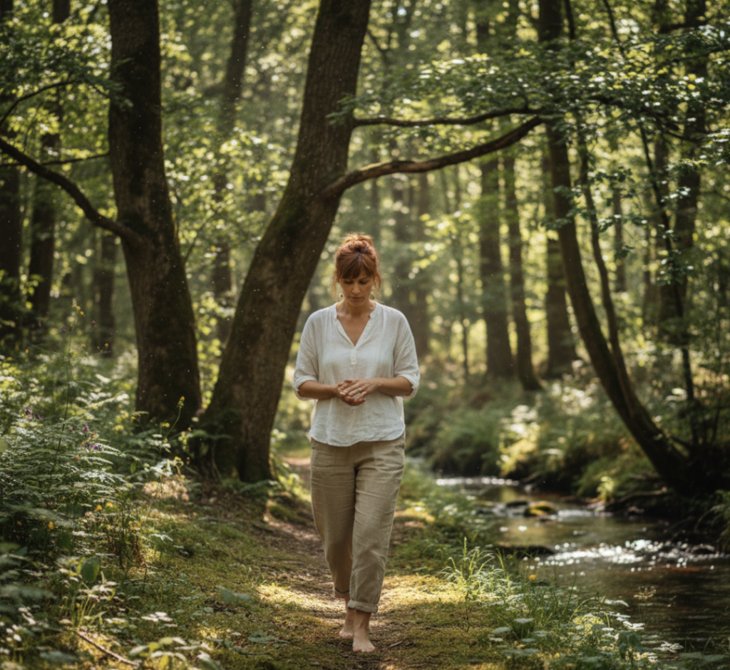 Kvinde på rolig mindful walk i skoven som en form for afspænding og afstressning, der styrker mental sundhed og nærvær.