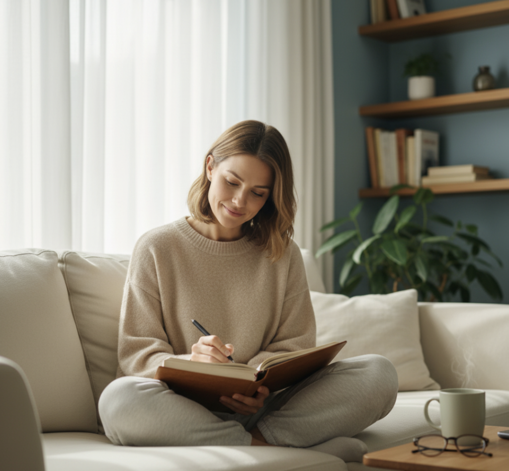 Kvinde sidder på sofaen og skriver i sin journal i et roligt og lyst hjemmemiljø.