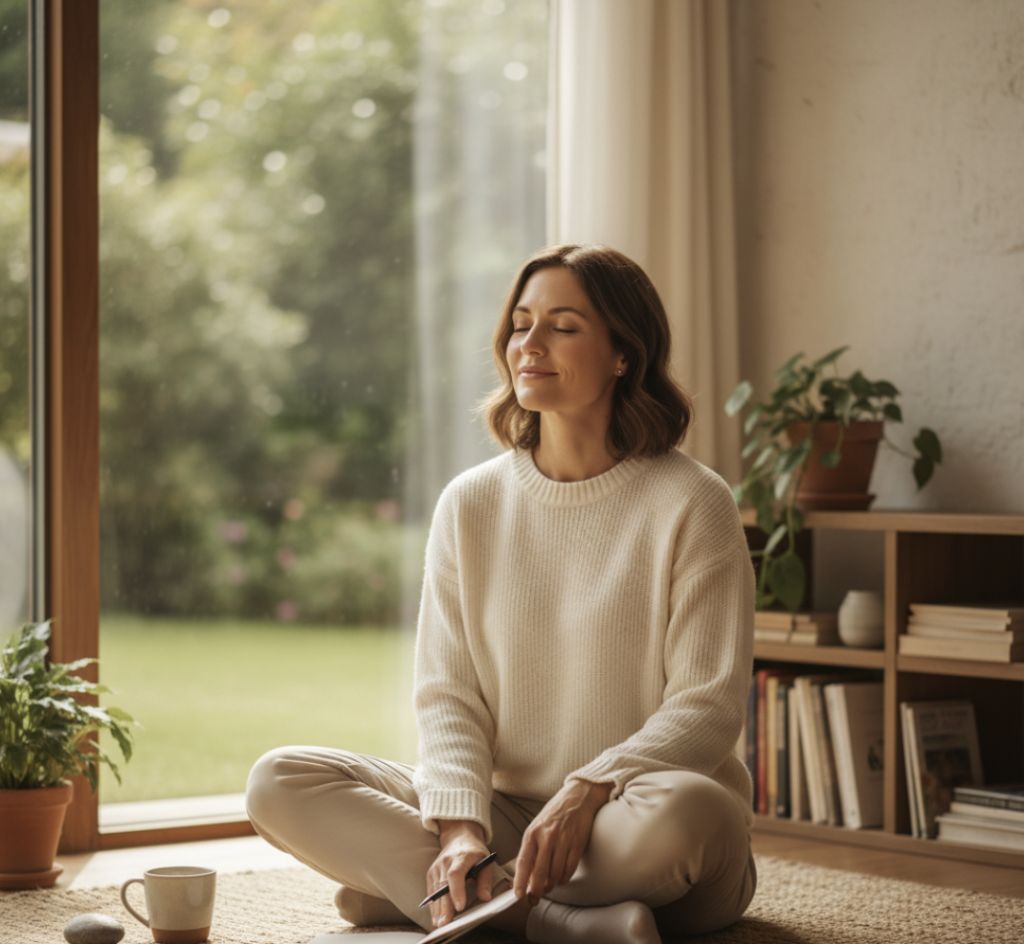 Kvinde sidder i stilhed og arbejder med mental sundhed og selvudvikling gennem ro og refleksion.