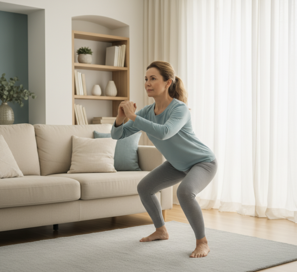 Kvinde laver squats som styrketræning hjemme med simple træningsøvelser for alle niveauer.
