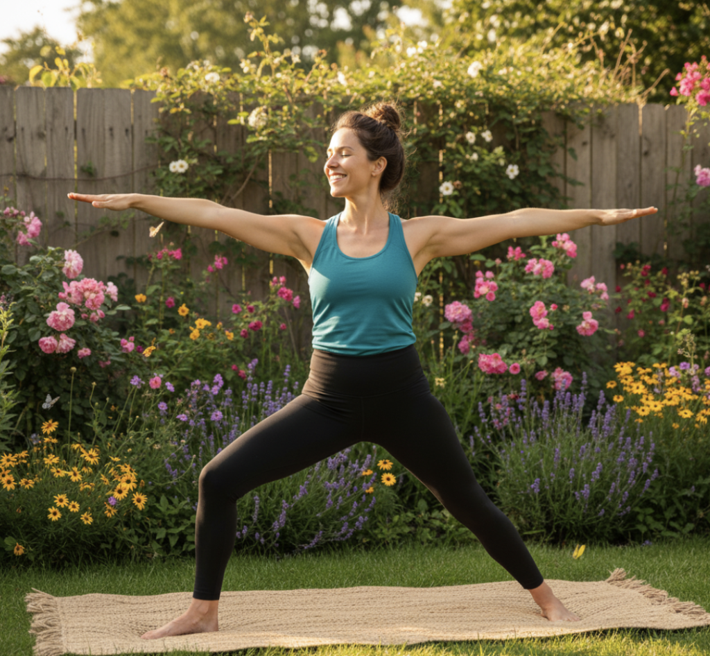 Kvinde laver yogaøvelser i haven i warrior-pose som en del af hjemmetræning og yoga for begyndere.