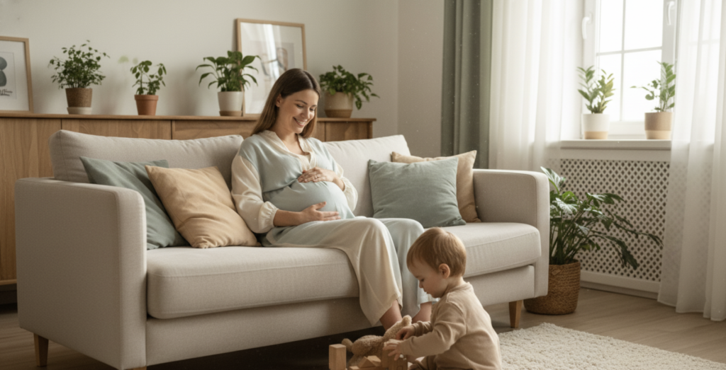 Gravid kvinde slapper af på sofaen, mens hendes småbarn leger – et øjeblik med ro og velvære midt i graviditet og småbørnsliv.
