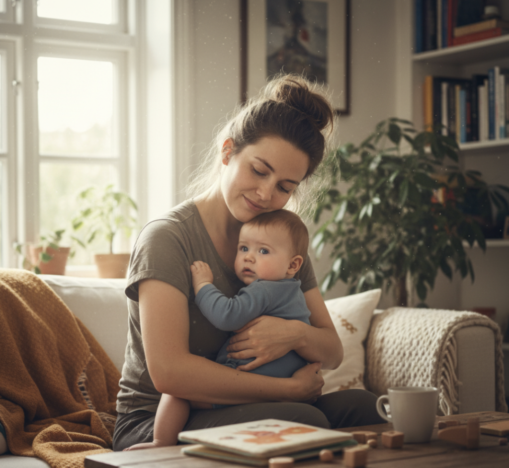 Mor sidder med sit småbarn i et roligt hjemmemiljø og finder nærvær og tryghed i den tidlige periode efter graviditet.