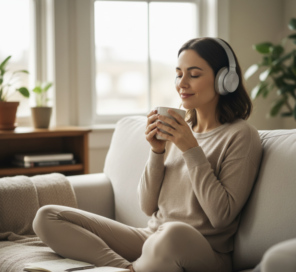 Kvinde sidder afslappet i sofaen med høretelefoner og en kop te, mens hun lytter til mindfulness og finder ro i hverdagen.